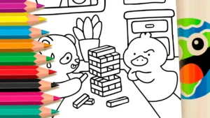 Desenho para colorir Desenho de Panda e Pato Jogando Jenga para Colorir