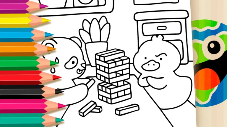 Desenho de Panda e Pato Jogando Jenga para Colorir