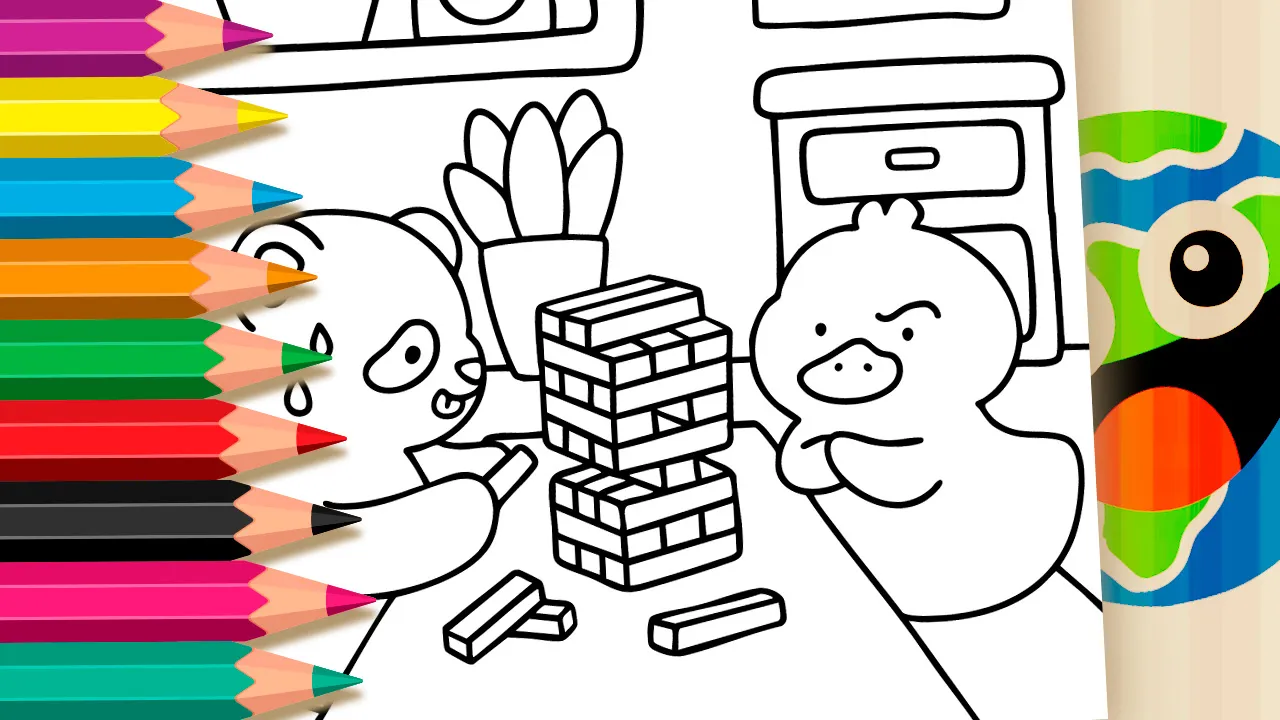 Desenho de Panda e Pato Jogando Jenga para Colorir