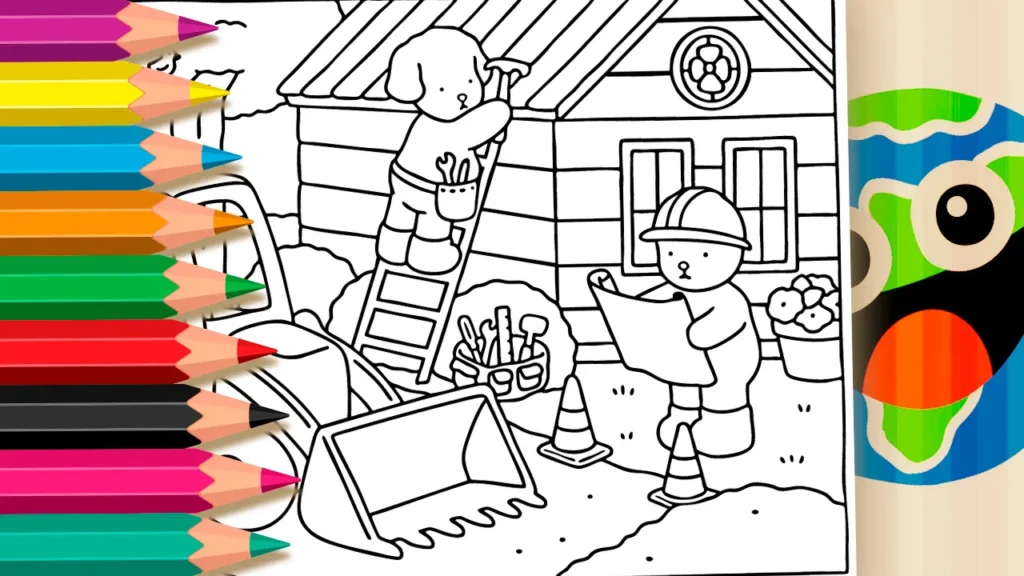 Cachorrinhos Construindo uma Casinha para Colorir – Estilo Bobbie Goods