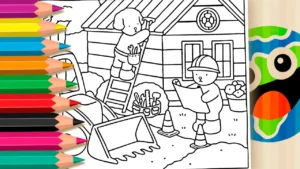 Desenho para colorir Cachorrinhos Construindo uma Casinha para Colorir - Estilo Bobbie Goods
