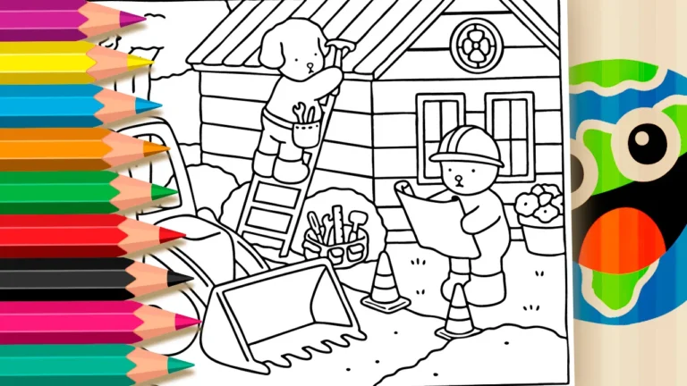 Cachorrinhos Construindo uma Casinha para Colorir – Estilo Bobbie Goods