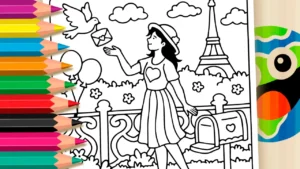 Desenho para colorir Carta em Paris: Menina e Pássaro para Colorir