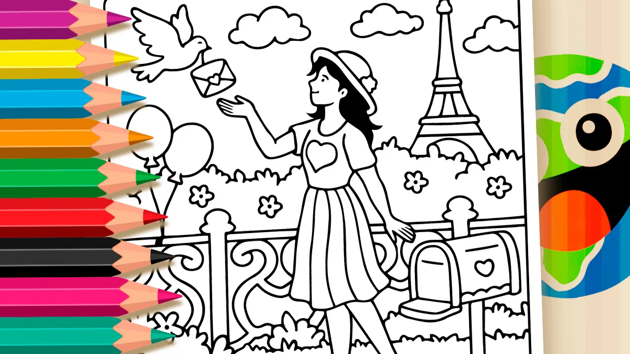 Carta em Paris: Menina e Pássaro para Colorir