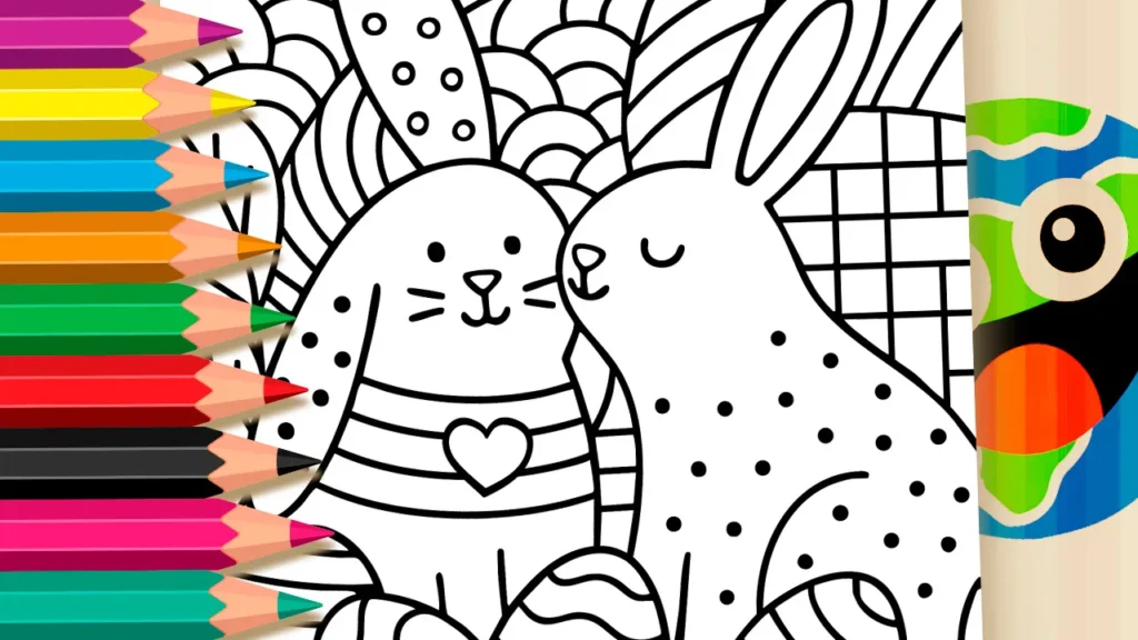 Desenho em preto e branco de dois coelhos fofos rodeados por ovos de Páscoa. O coelho da esquerda tem listras e o da direita tem bolinhas. O fundo é cheio de padrões abstratos como escamas e quadriculados, pronto para ser colorido.