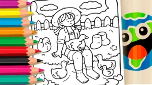 Desenho para colorir Menina com Patinhos e Sapo para Colorir