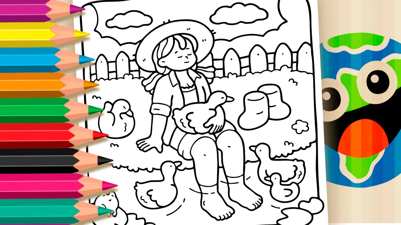 Menina com Patinhos e Sapo para Colorir