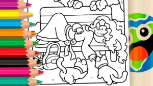 Desenho para colorir Colorir Online: Moça Relaxando no Parque com Gatinhos