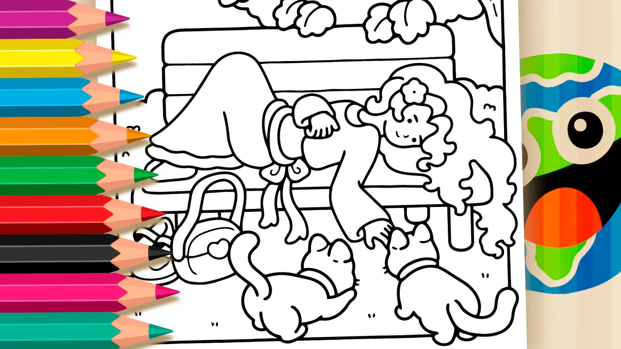 Colorir Online: Moça Relaxando no Parque com Gatinhos