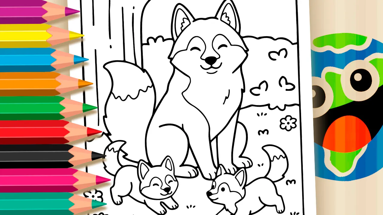 Família de Huskies Siberianos para Colorir Online