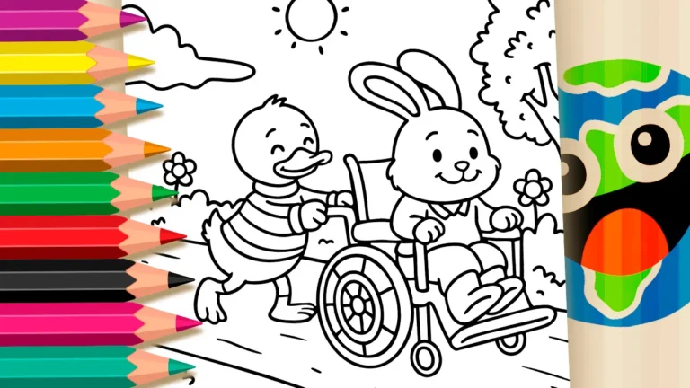 Patinho e Coelho na Cadeira de Rodas para Colorir