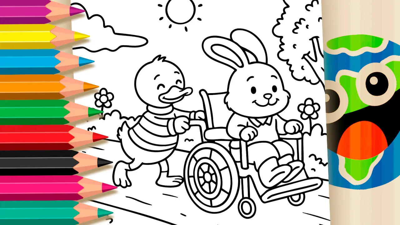 Patinho e Coelho na Cadeira de Rodas para Colorir