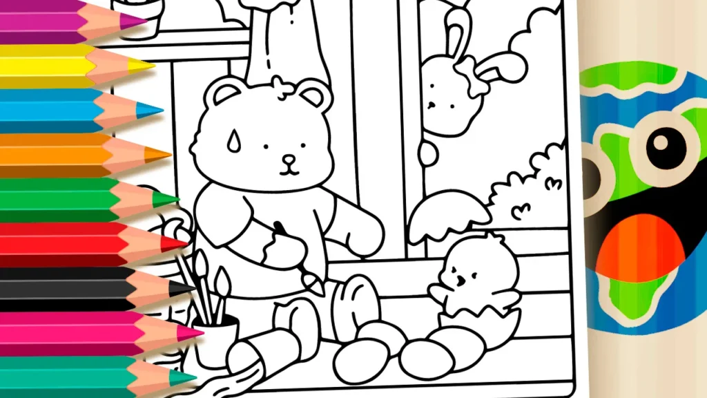 Desenho em preto e branco de um urso com um pincel na mão, surpreso ao ver um pintinho saindo de um ovo de Páscoa, enquanto um coelhinho observa de longe.