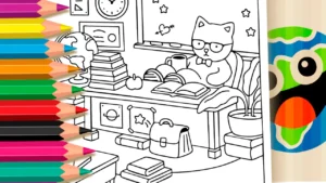 Desenho de Gatinho Estudioso (Estilo Bobbie Goods) para Colorir Online