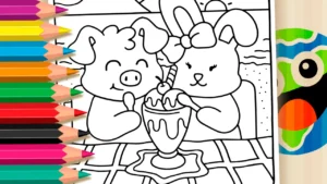 Desenho para colorir Desenho de Porquinho e Coelho na Praia para Colorir