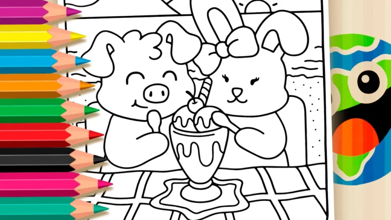 Desenho de Porquinho e Coelho na Praia para Colorir