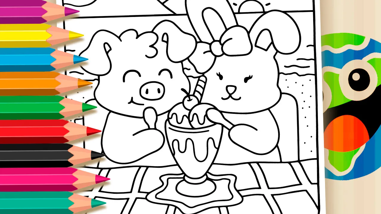 Desenho de Porquinho e Coelho na Praia para Colorir