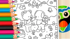 Desenho para colorir Desenho de Urso e Cachorrinho em Surpresa Fofa para Colorir