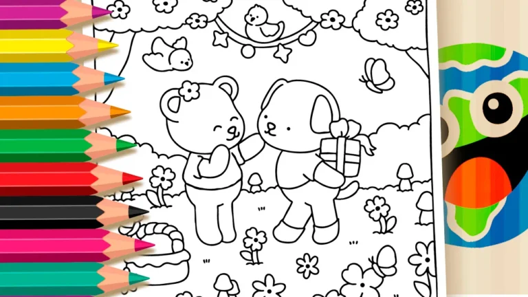 Desenho de Urso e Cachorrinho em Surpresa Fofa para Colorir