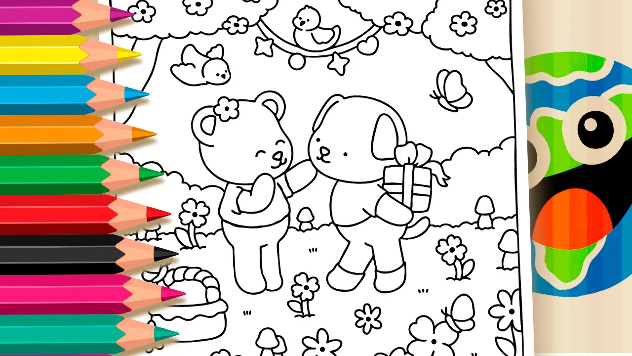 Desenho de Urso e Cachorrinho em Surpresa Fofa para Colorir