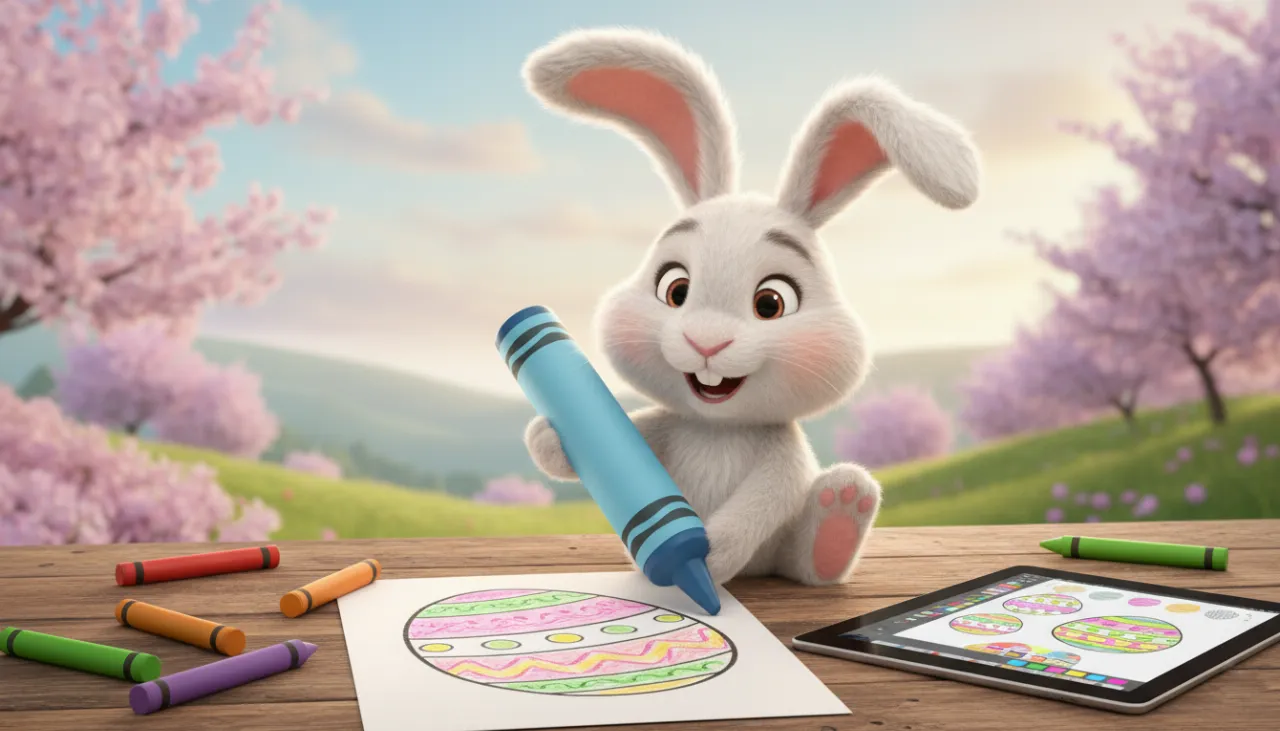Ilustração 3D de um coelhinho da Páscoa fofo segurando um lápis de cor gigante, imagem destacada para o artigo de desenhos de Páscoa para colorir.