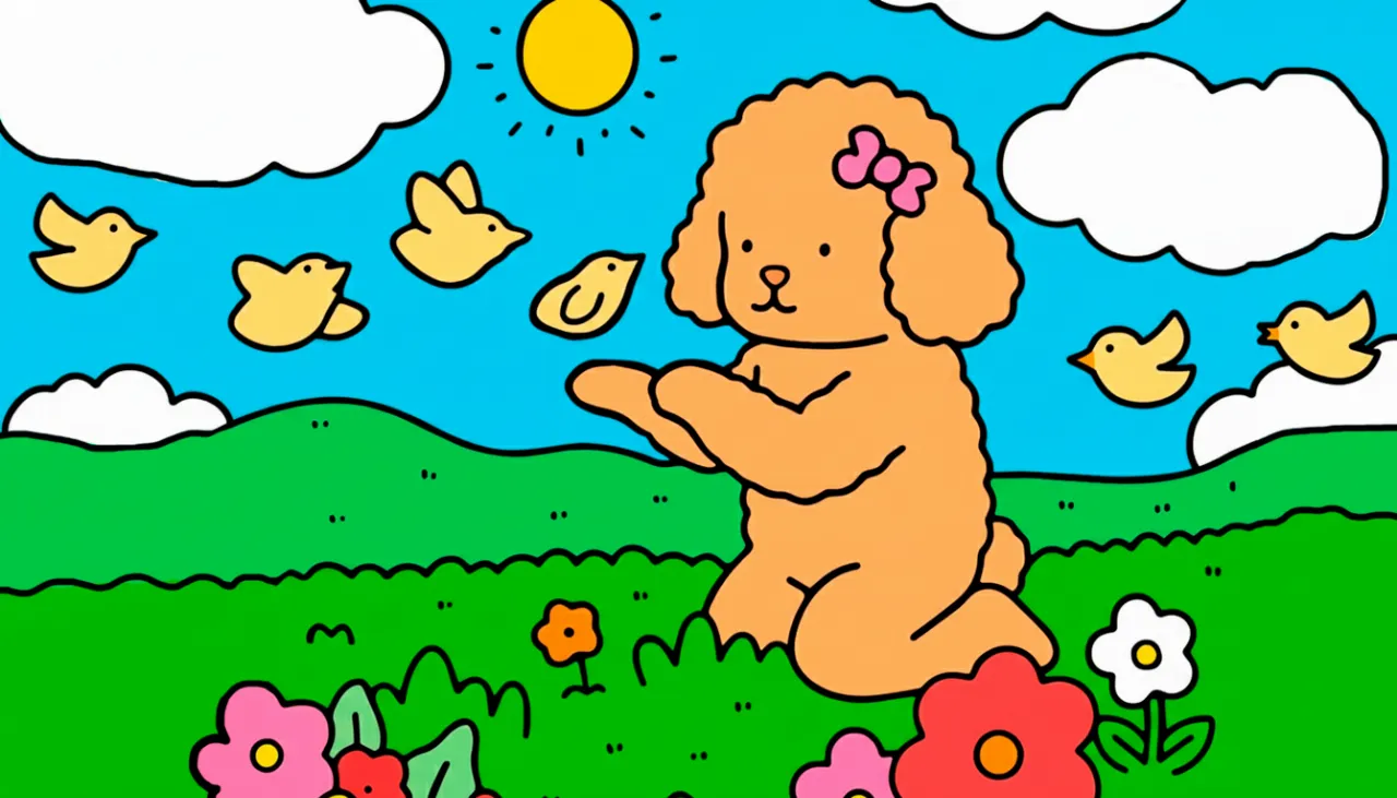 Desenho fofo colorido de um cachorrinho, estilo Bobbie Goods, interagindo com vários passarinhos na natureza.
