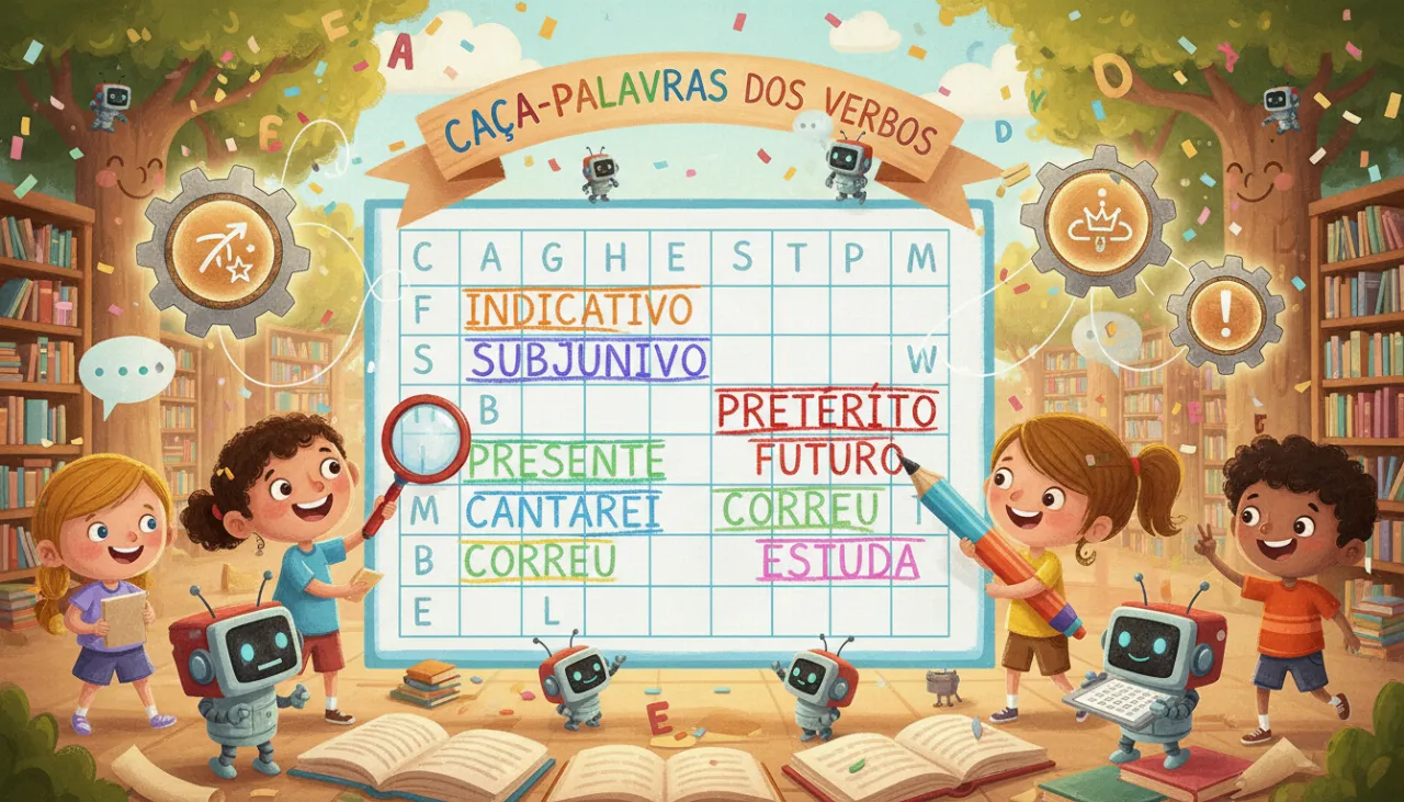 Imagem sobre jogo online e gratuito de caça-palavras sobre verbos, modos e tempos para o 5º ano do Ensino Fundamental