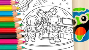 Desenho para colorir Ursinho e Cachorro no Espaço Estilo Bobbie Goods ▷ Pinte Agora