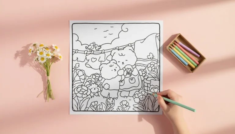 Folha impressa com desenho kawaii de mamãe urso abraçando seu filhote, rodeada de lápis de cor pastel e flores — pronta para colorir.