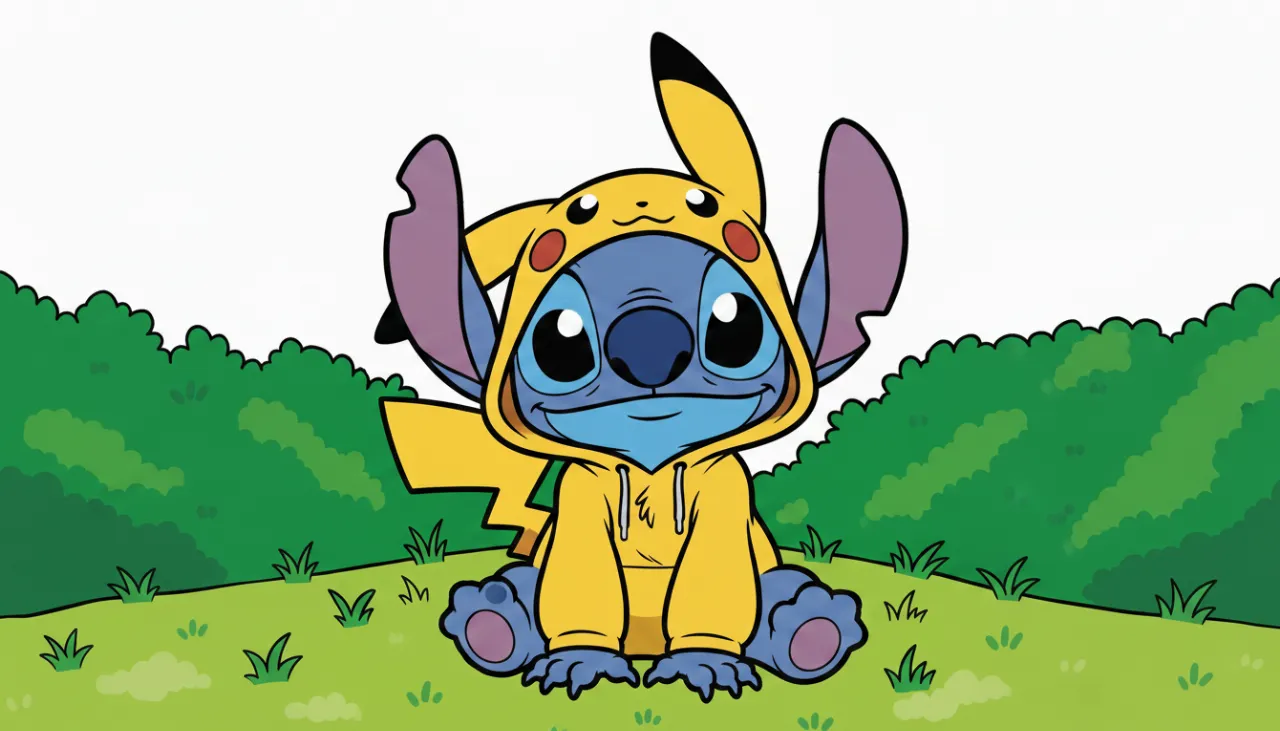 Desenho do Stitch fantasiado de Pikachu colorido