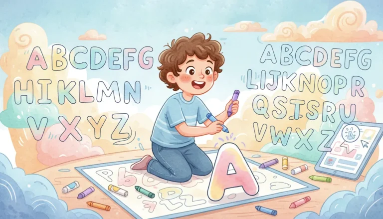 Criança colorindo as letras do alfabeto de A a Z com lápis de cor