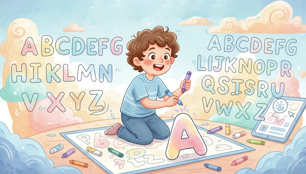 Criança colorindo as letras do alfabeto de A a Z com lápis de cor