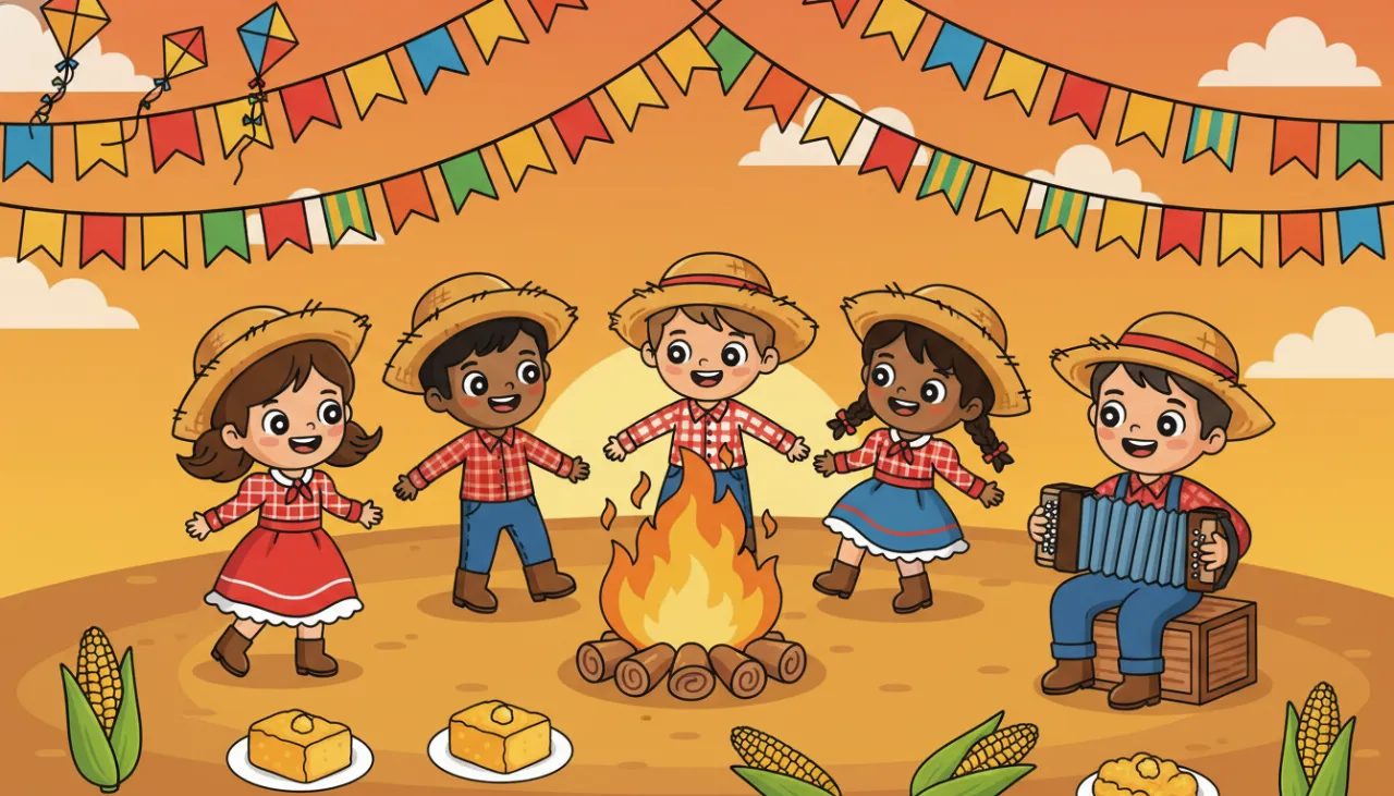 Ilustração colorida de festa junina com crianças dançando ao redor da fogueira, bandeirinhas coloridas e elementos tradicionais – Mundo dos Jogos