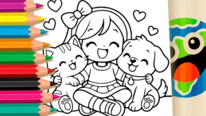 Desenho para colorir Desenho Menina Com Gato E Cachorro GRÁTIS ▷ Pinta Agora