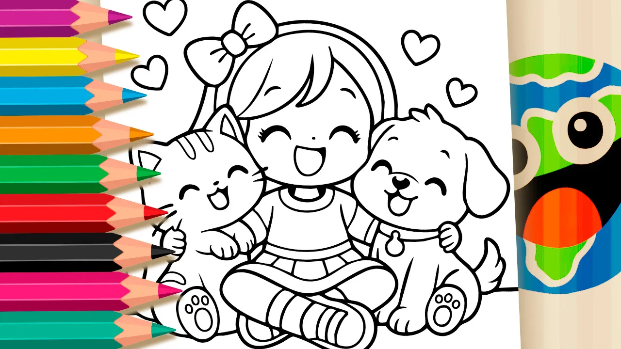 Desenho Menina Com Gato E Cachorro GRÁTIS ▷ Pinta Agora