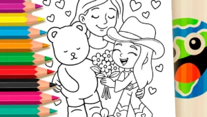Desenho para colorir Mãe, Filha e Ursinho para Colorir GRÁTIS ▷ Pinte Online
