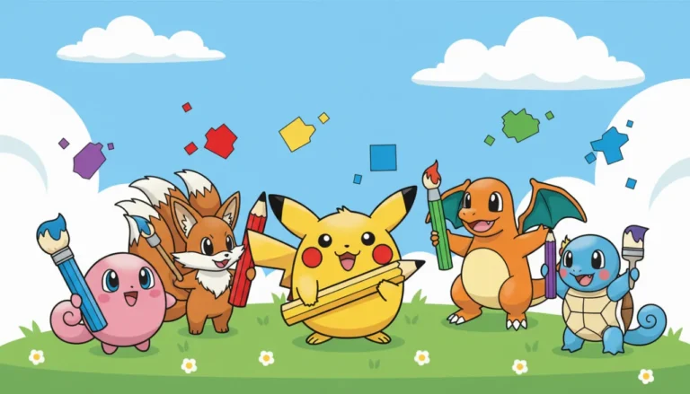 Ilustração colorida com personagens Pokémon segurando lápis e pincéis, representando os desenhos para colorir do Mundo dos Jogos.