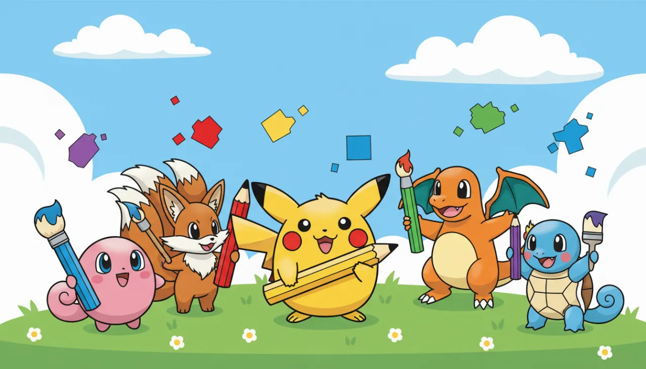 Ilustração colorida com personagens Pokémon segurando lápis e pincéis, representando os desenhos para colorir do Mundo dos Jogos.
