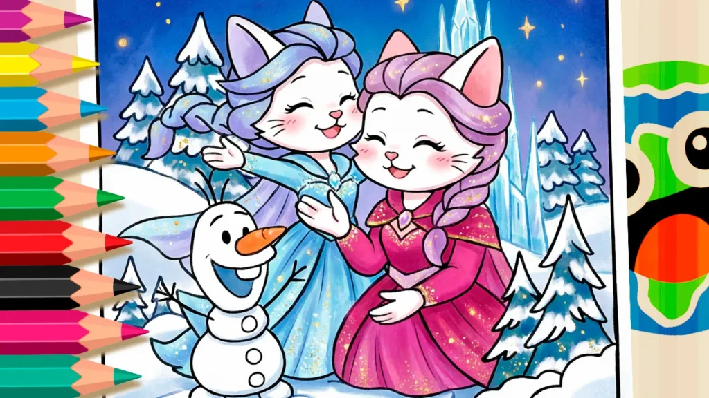 Três personagens kawaii do universo de Frozen em desenhos para colorir online grátis no mundodosjogos.org