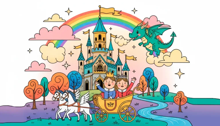 Ilustração colorida de um reino real com castelo, rei, rainha e carruagem dourada para o site Mundo dos Jogos.