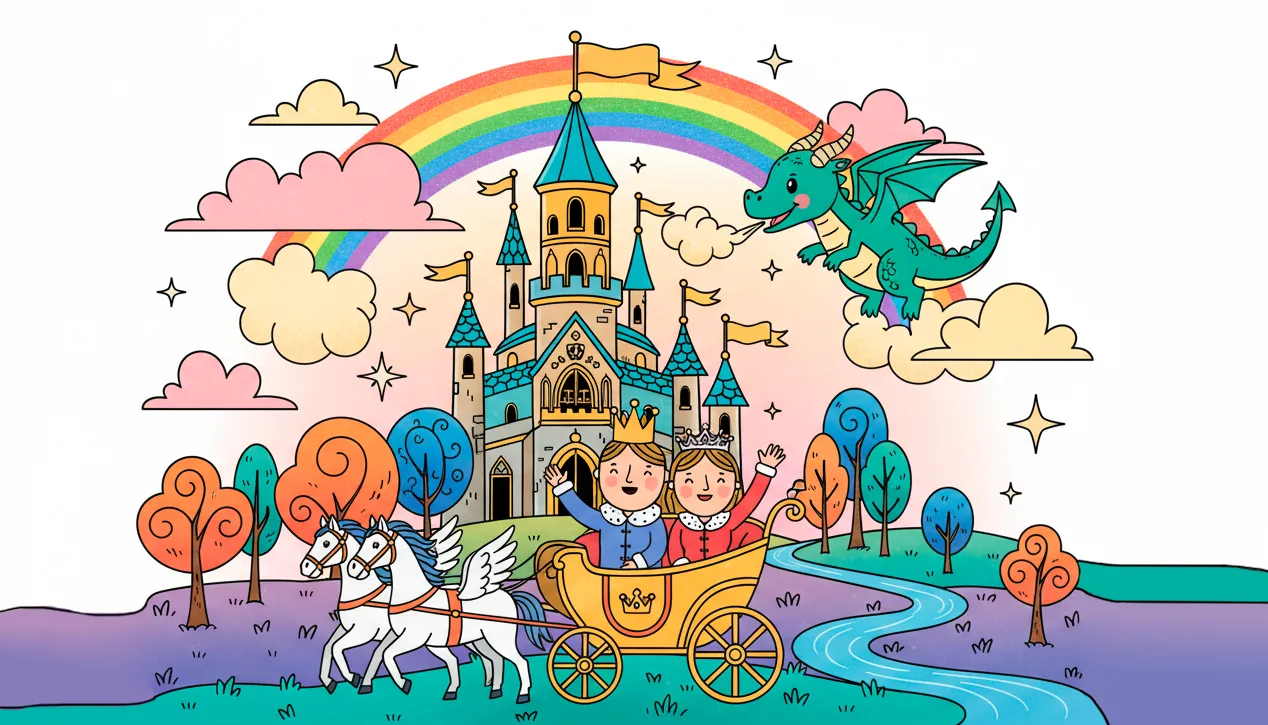 Ilustração colorida de um reino real com castelo, rei, rainha e carruagem dourada para o site Mundo dos Jogos.
