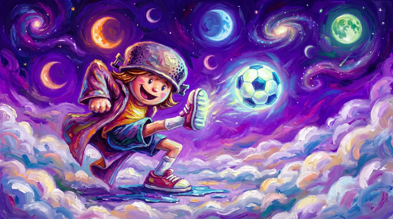 O menino maluquinho brincando de bola em um cenário surreal.