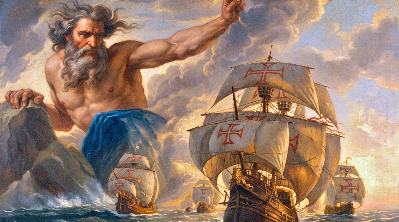 Adamastor, o titã mitológico que ameaça as caravelas de Vasco da Gama.