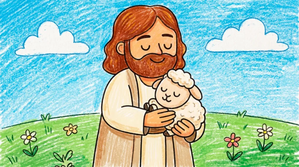 Jesus, o Bom Pastor, em um desenho bíblico colorido