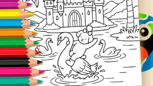 Desenho para colorir Cachorrinha, Cisne e Castelo para Colorir no estilo Bobbie Goods