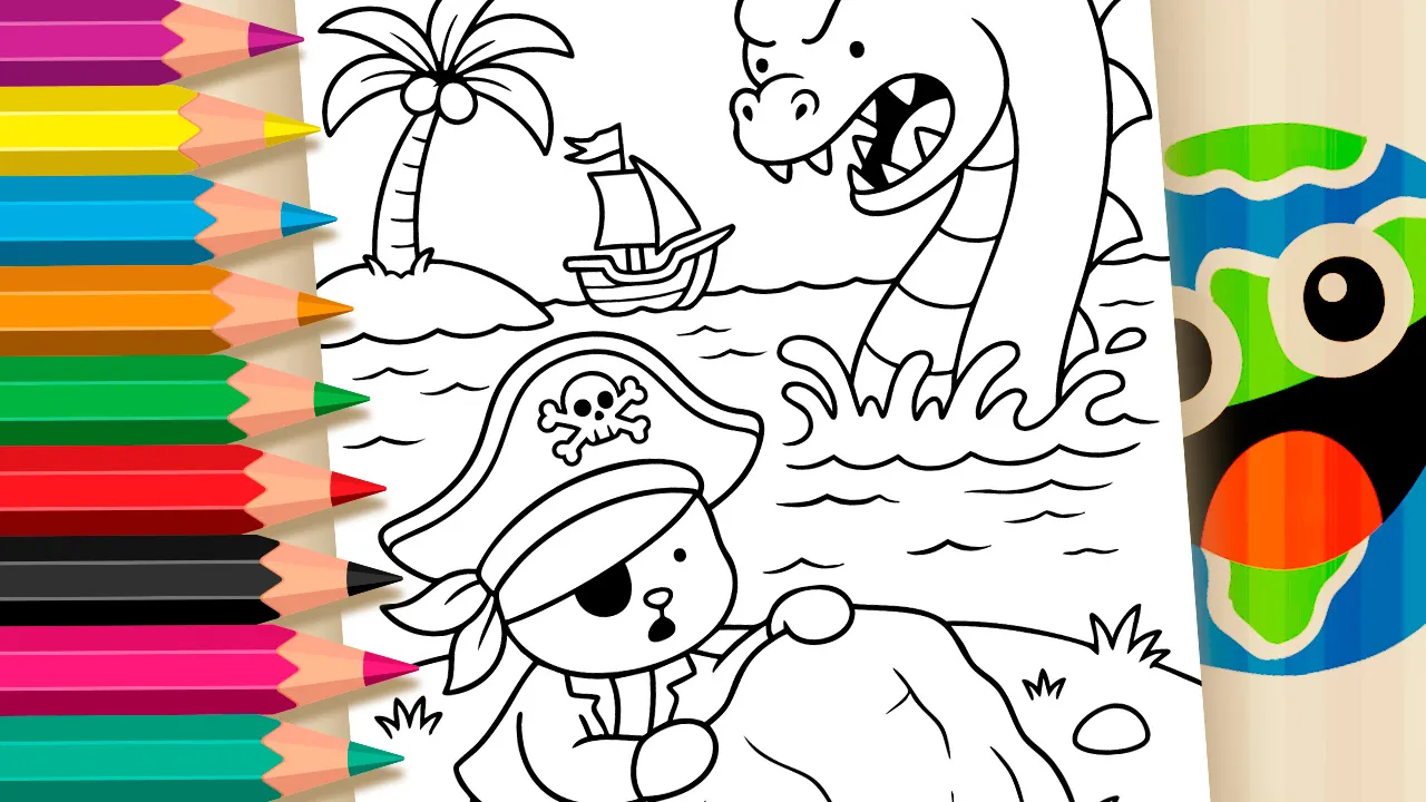 Pirata e Monstro Marinho Fofo para Colorir Online