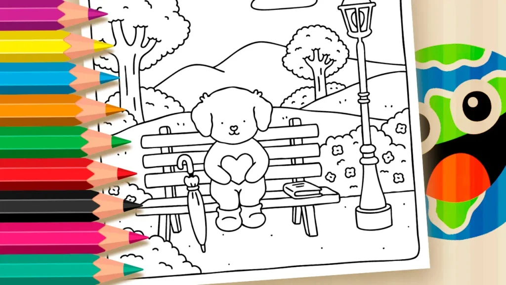 Desenho de Cachorrinho com Coração no Banco para Colorir