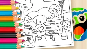 Desenho de Cachorrinho com Coração no Banco para Colorir