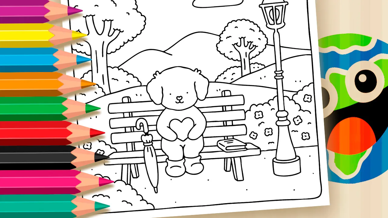 Desenho de Cachorrinho com Coração no Banco para Colorir