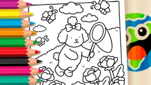 Desenho para colorir Poodle estilo Bobbie Goods e borboletas no jardim: desenho para colorir